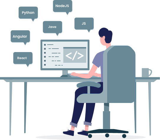 Illustration of an engineer at a computer with a list of programming languages: JS, NodeJS, Java, Python, Angular, and React