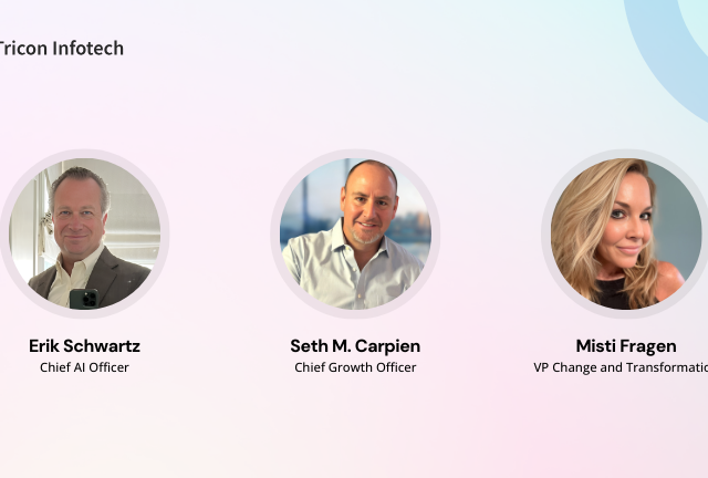 Head shots of 3 Key Leadership Hires in Growth, AI, and Change Management at Tricon Infotech